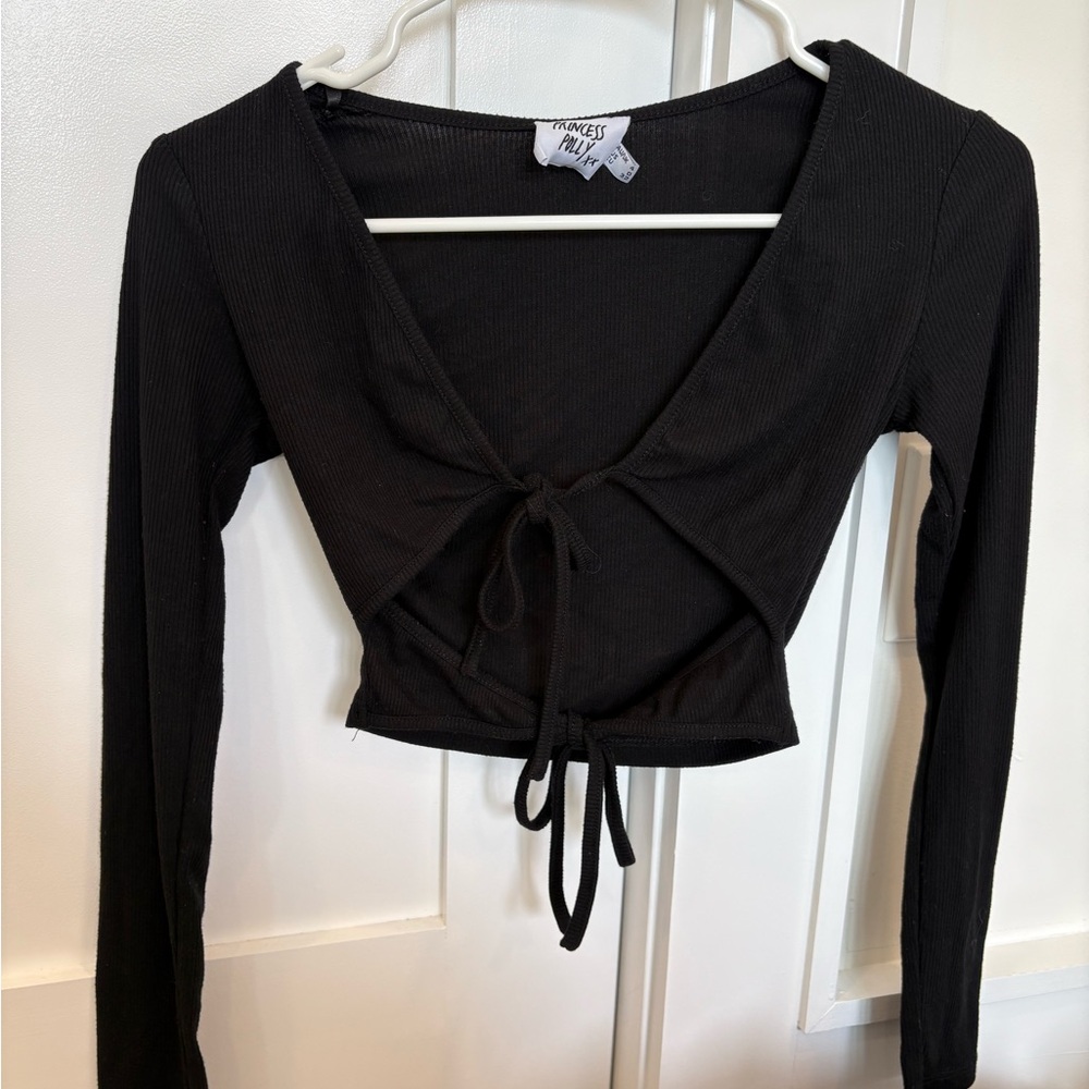 Princess Polly Black Tie Front Crop Blouse